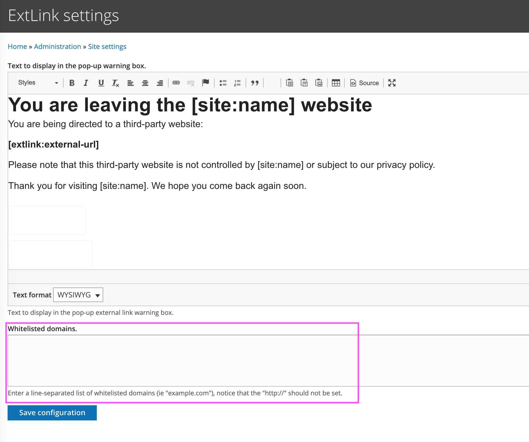 Screenshot of field for Whitelisted domains settings