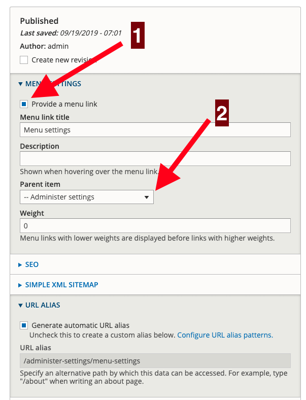 Screenshot of menu configuration in node